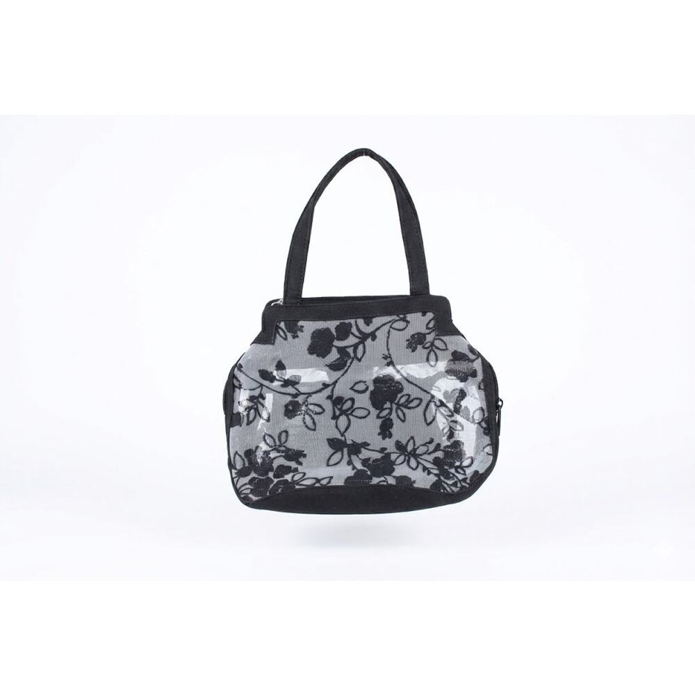 Liz Claiborne Black Floral Mesh Handbag Detachable Pouch Crossbody Strap